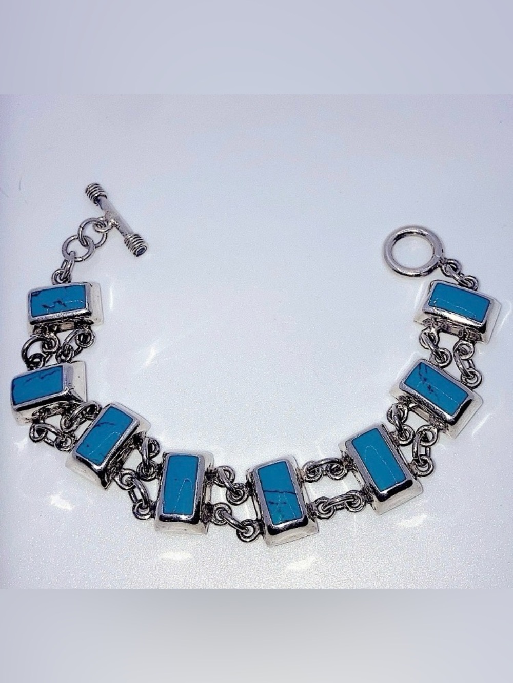 Vtg Turquoise Sterling Rectangle Link Toggle Clasp Bracelet 7.5” / 37g - HEAVY